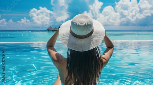 Woman with hat at beach pool in Maldives 