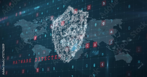 Security shield icon and cyber security data processing against world map on blue background