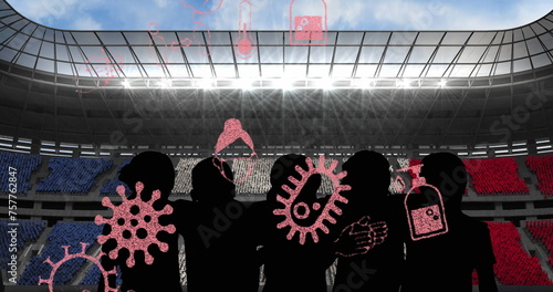 Covid-19 concept icons against silhouette of fans cheering against sports stadium