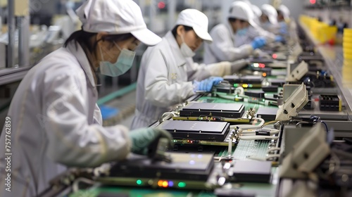 Workers assembling electronic components in a high-tech factory, highlighting the complexity of global supply chains in the tech industry