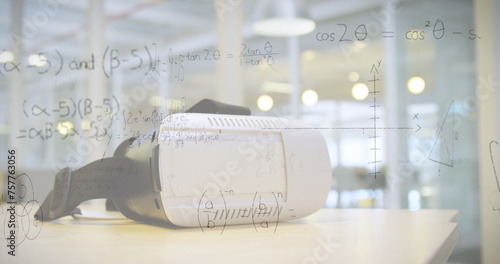 Image of mathematical equations over vr headsets