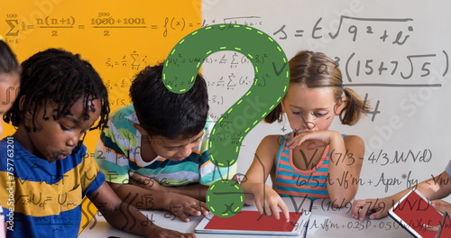 Image of green question mark and maths equations over diverse primary school class