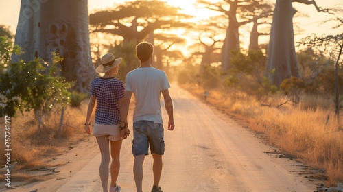 Young couple traveling and walking in Madagascar. Road with baobab alley in background. Man and woman view from behind. Sunset summer background photo