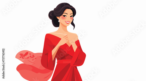 Smiling Asian woman in fancy dress flat vector 