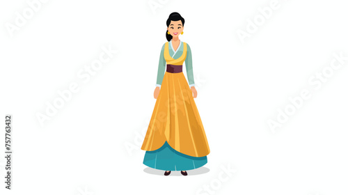 Smiling Asian woman in fancy dress flat vector 
