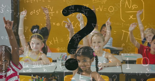 Image of question mark and mathematical formulas over children in classroom