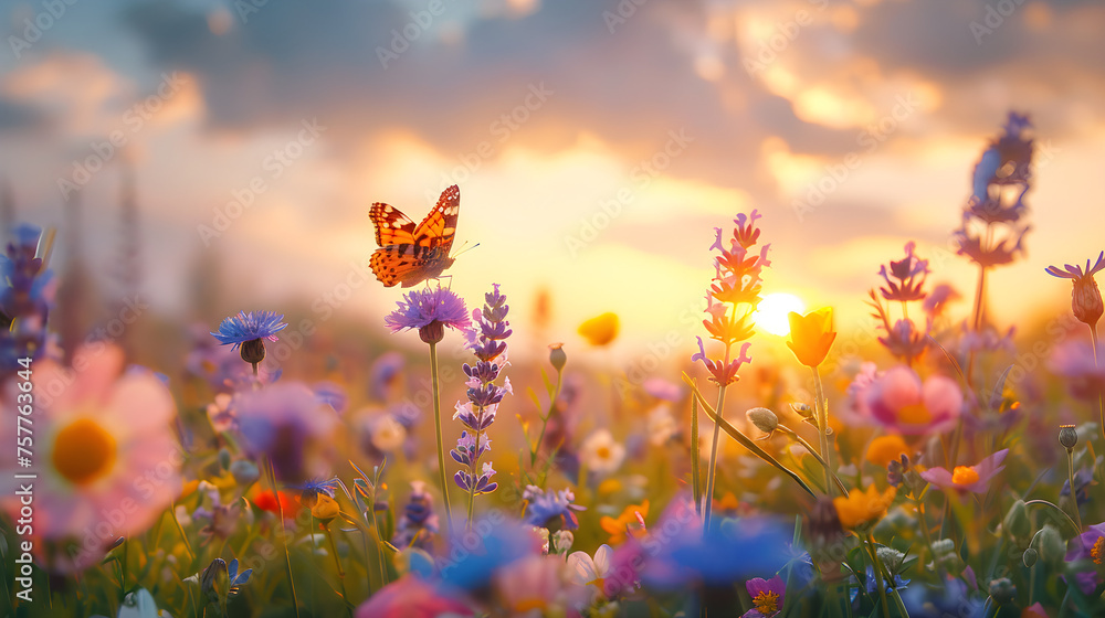 Bee and butterfly in a wild field of daisies, cornflowers, lavender, and poppy flowers with an old village on the horizon against a sunny morning and sunset sky.