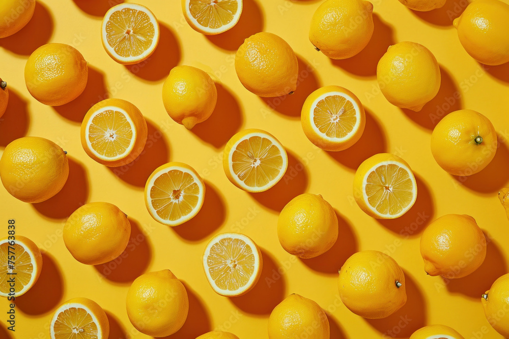 Pattern of Lemons on Yellow Background with Half of Lemons Cut in Half Pattern of Lemons on Yellow Background with Half of Lemons Cut in Half