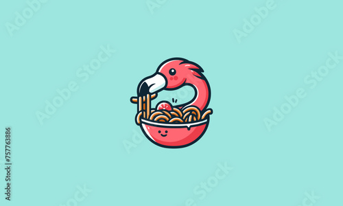 flamingo cute eat noodle vector illustration logo design