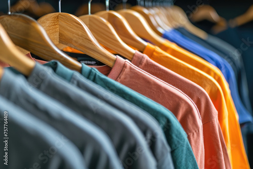 Close-up of multicolored T-shirts hanging by clothes hangers