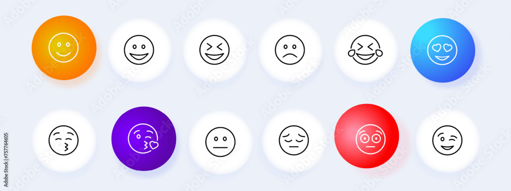 Emoji icon set. Smile, joy, laughter, communication, correspondence, chatting, sadness, surprise. Neomorphism style. Vector line icon for business and advertising Emoji icon set. Smile, joy, laughter, communication, correspondence, chatting, sadness, surprise. Neomorphism style. Vector line icon for business and advertising