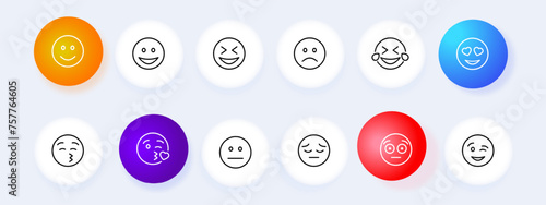 Emoji icon set. Smile, joy, laughter, communication, correspondence, chatting, sadness, surprise. Neomorphism style. Vector line icon for business and advertising