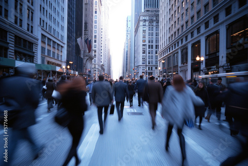 Busy urban street scene with blurred figures walking in front of tall buildings
