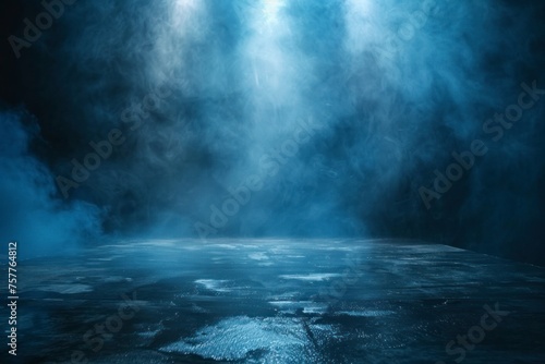 Dark street, wet asphalt, reflections of rays in the water. Abstract dark blue background, smoke, smog. Empty dark scene, neon light, spotlights. Concrete floor - generative ai © Nia™