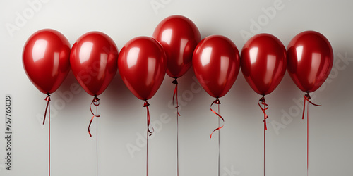 Bunch of Red Balloons Isolated on White Background. Floating Helium Balloons photo