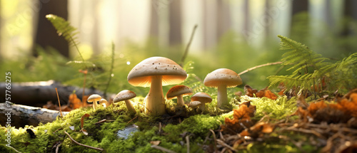 Fresh healthy mushroom in green sunny coniferous forest