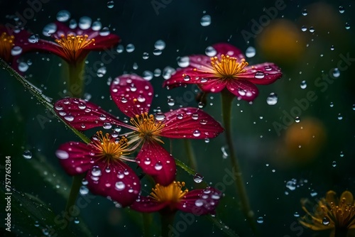 A heart-shaped cluster of raindrops on the petals of a vibrant wildflower  glistening in the soft light of a summer shower 