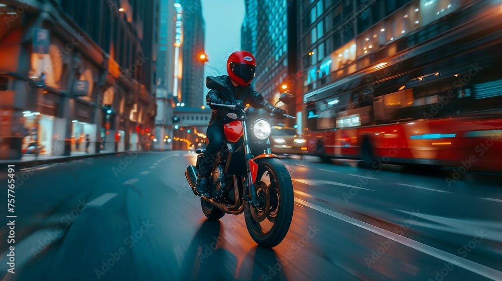 Red motorcycle roaring through urban streets
