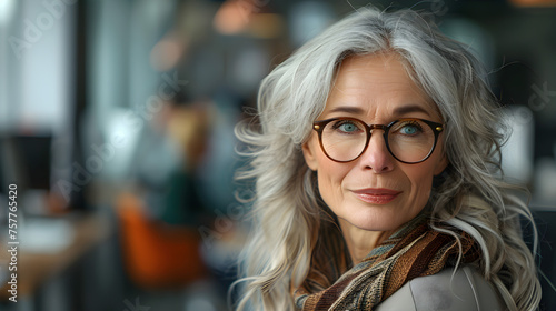 Portrait of beautiful mature woman with long gray hair and glasses in office. Age-Inclusive Workforce. © Nataliia