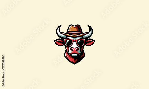 head cow wearing sun glass and hat vector mascot design