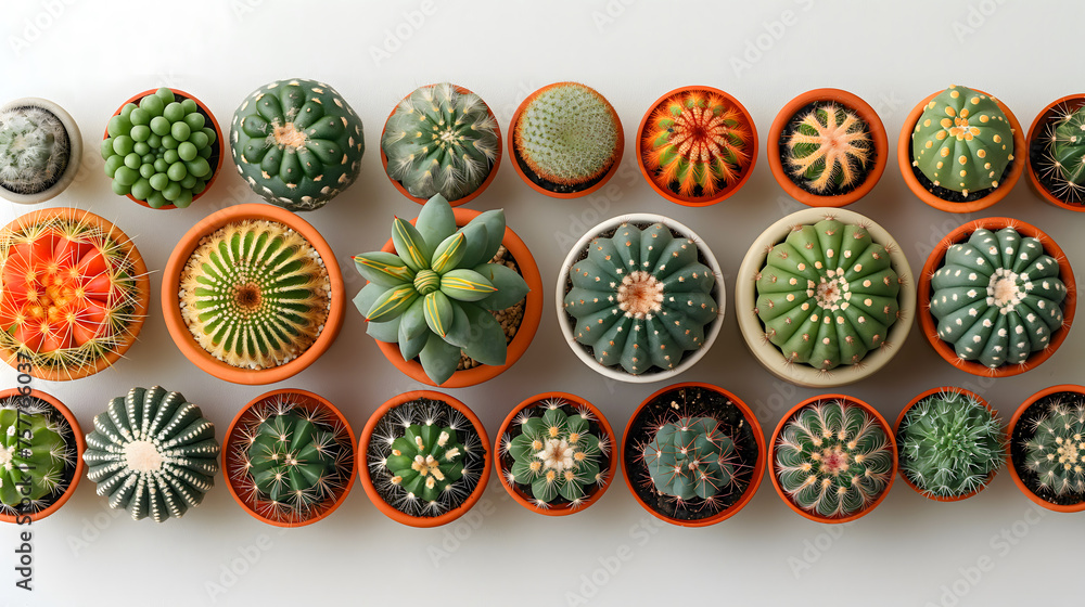 Top view of many different cactus in pot on white background. Top view of many different cactus in pot on white background.