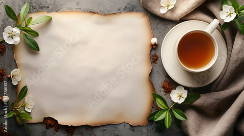 Cup of tea with old paper and spring flowers on dark background