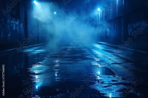 Dark street, wet asphalt, reflections of rays in the water. Abstract dark blue background, smoke, smog. Empty dark scene, neon light, spotlights. Concrete floor - generative ai