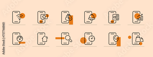 Smartphone icon set. Application, online shopping, wallet, schedule, charging, gadget, Internet, Wi-Fi. Pastel color background. Vector line icon for business and advertising