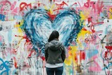 A woman stands in front of a colorful mural of a heart. The mural is covered in graffiti, giving it a vibrant and artistic feel. The woman is admiring the artwork, possibly appreciating the creativity