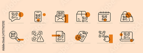 Quar code icon set. Technology, file, search, box, delivery, scanning, calendar, message. Pastel color background. Vector line icon for business and advertising