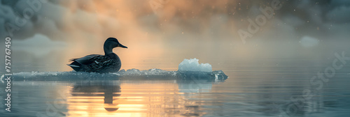 Duck sitting on ice at Jokulsarlon glacier lagoon,
Male mallard duck quacking in rippled water photo