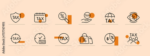 Taxes icon set. Loan, interest rate, sight, tax evasion, pie chart, bank. Pastel color background. Vector line icon for business and advertising