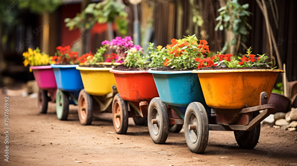 Gardening colorful wheelbarrows at the outdoor shop 