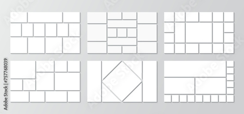 Set of mosaic pictures geometric frames. Collage layout collection template. Photo moodboard set. Mood board grid. Album brandboard. Gallery banner. Organised portfolio. Vector illustration