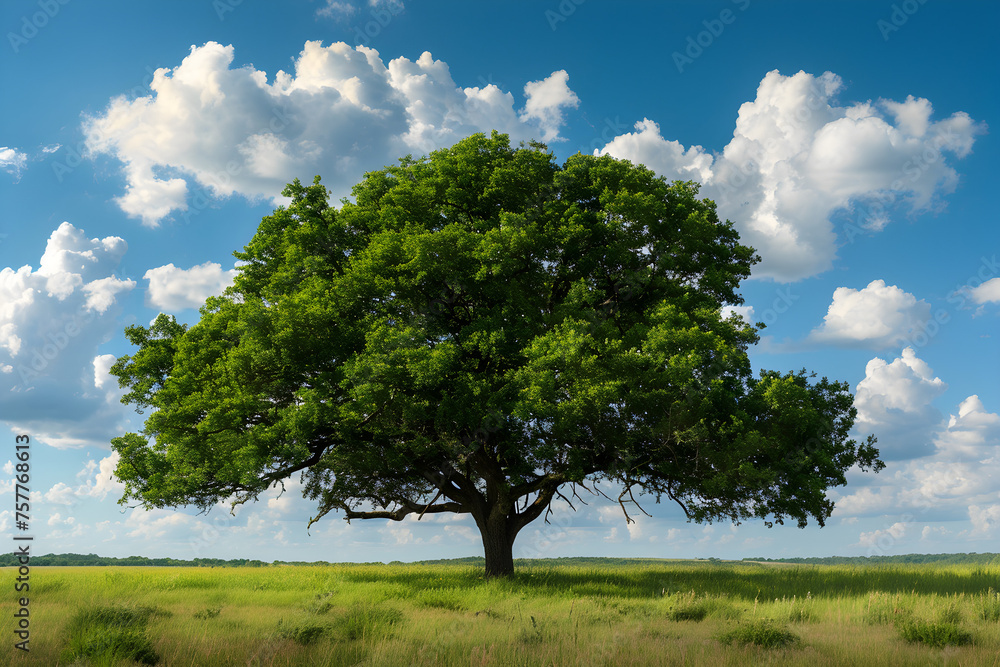 A peaceful and serene landscape of a lonely green oak tree standing in a field. A peaceful and serene landscape of a lonely green oak tree standing in a field.