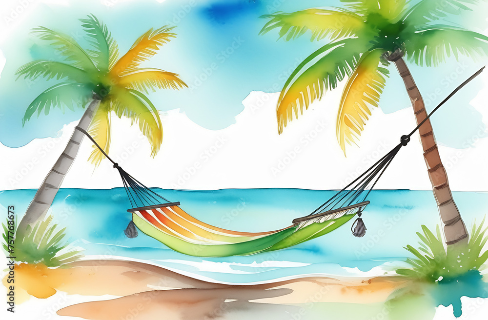 Obraz premium A hammock suspended between two palm trees, against the backdrop of a seascape. Relaxation, tranquility and charm of tropical places. 