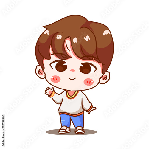 Cute boy waving hand cartoon character. Korean style fashion. People expression concept design. Chibi vector illustration. Isolated white background
