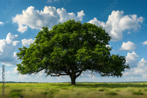 A peaceful and serene landscape of a lonely green oak tree standing in a field.