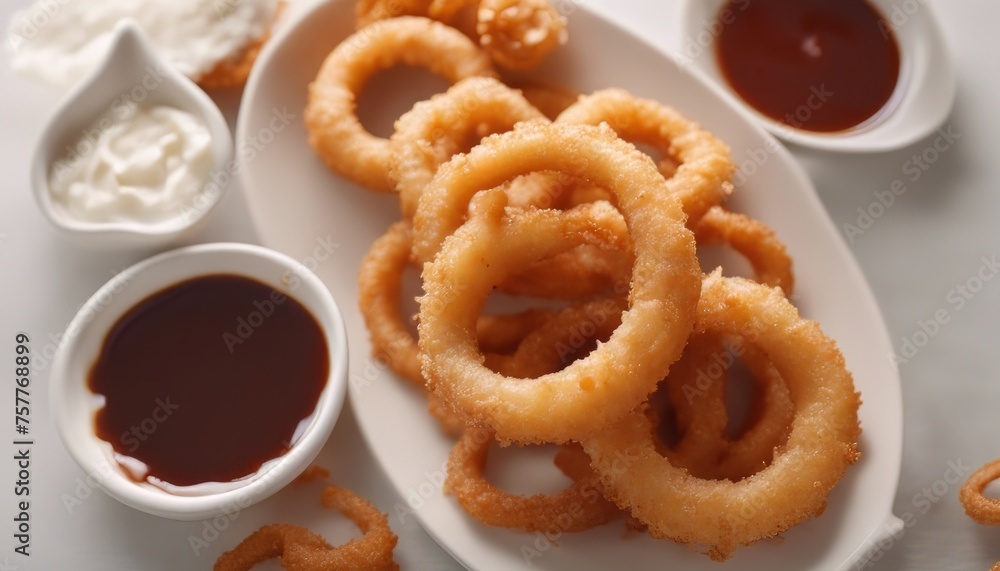 Top view delicious fried onion rings and sauce Top view delicious fried onion rings and sauce