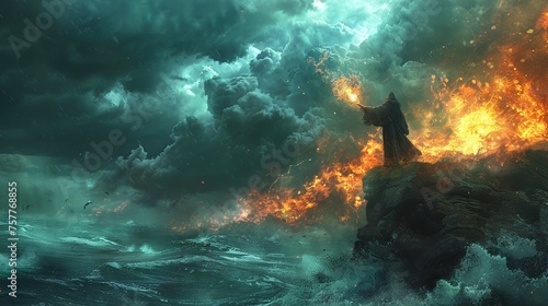 Magic of elements: Sorcerer controls fire and sea, fantasy scene, magic and fantasy background