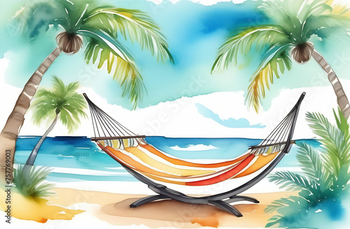 A hammock suspended between two palm trees, against the backdrop of a seascape. Relaxation, tranquility and charm of tropical places. 