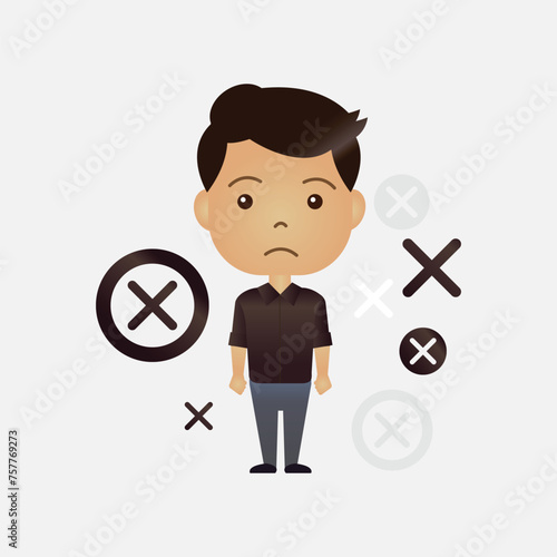 Cute Asian cartoon boy with x or wrong symbol on isolated background
