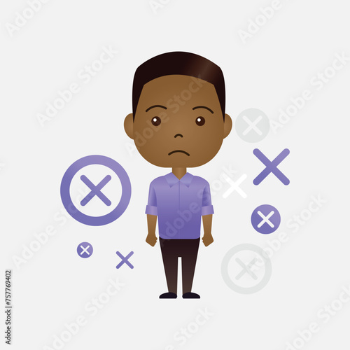 Cute African American cartoon man with x or wrong symbol on isolated background
