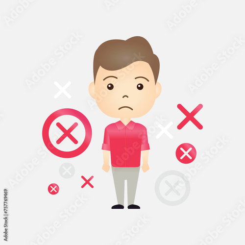 Cute Caucasian cartoon man with x or wrong symbol on isolated background
