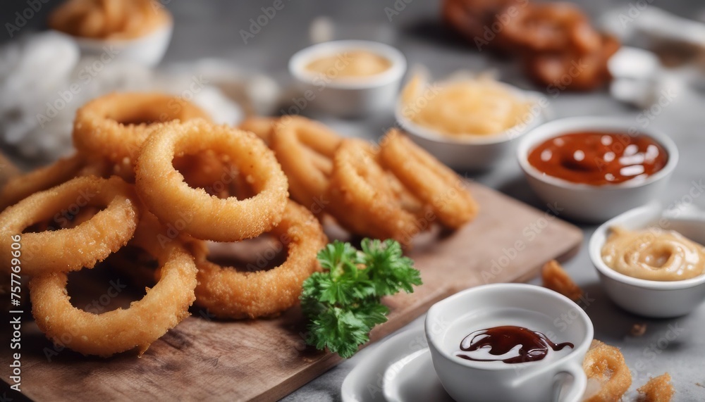 Top view delicious fried onion rings and sauce Top view delicious fried onion rings and sauce