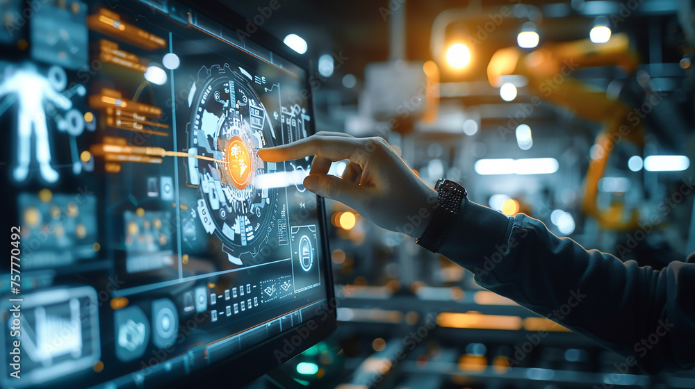 Fototapeta premium Businessman in blue suit working with digital vurtual screen. Digital transformation conceptual for next generation technology. IT consultant presenting tag cloud about information technology.. 