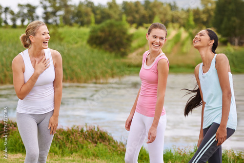Fitness, laugh and training with women in park together for health, wellness or fun in summer. Pilates, happiness and female friends for exercise, morning workout and humor on grass field in nature. © Duncan/peopleimages.com