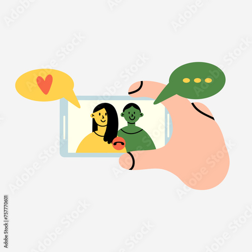 Smartphone communication. Hand hold phone. Chatting, video messages with family and friends. Device screen with people faces, facetime application, gadget cartoon flat isolated vector illustration