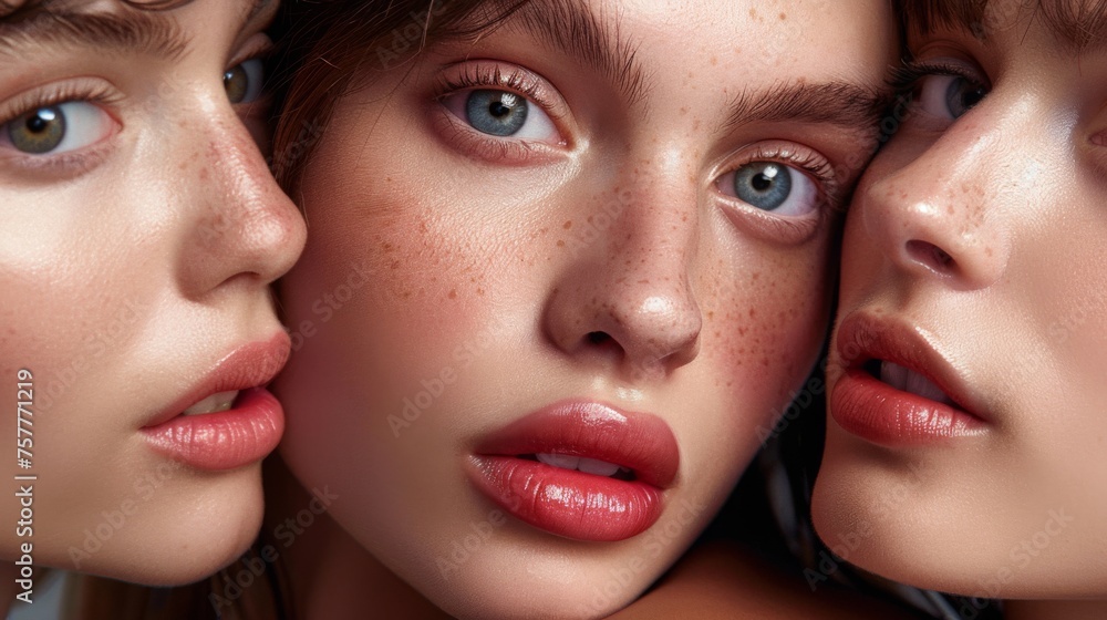 Skincare high-quality photo detail, close-up on face, three beautiful female models fresh face, beautiful, glowing, healthy skin, skin makeup, perfect skin and lips, skincare product Skincare high-quality photo detail, close-up on face, three beautiful female models fresh face, beautiful, glowing, healthy skin, skin makeup, perfect skin and lips, skincare product