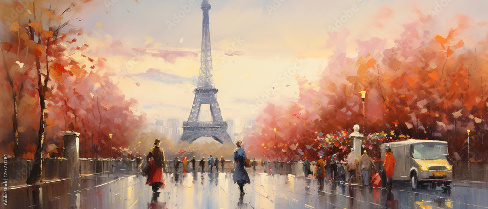 Oil Painting  Tower Eiffel Paris .. - obrazy, fototapety, plakaty 